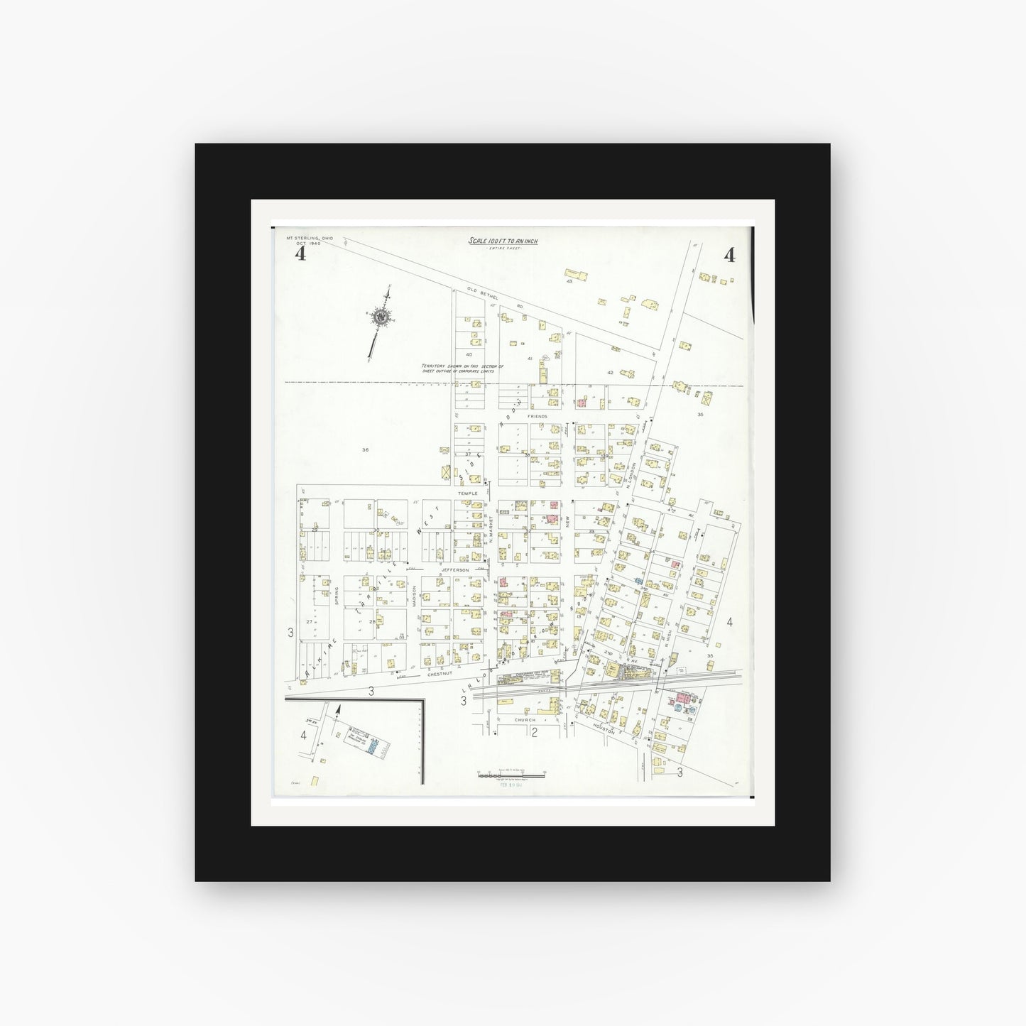 Old map wall art mockup — black gallery frame with white mat — Sanborn Fire Insurance Map from Mount Sterling, Madison County, Ohio (1940), Sheet #0004