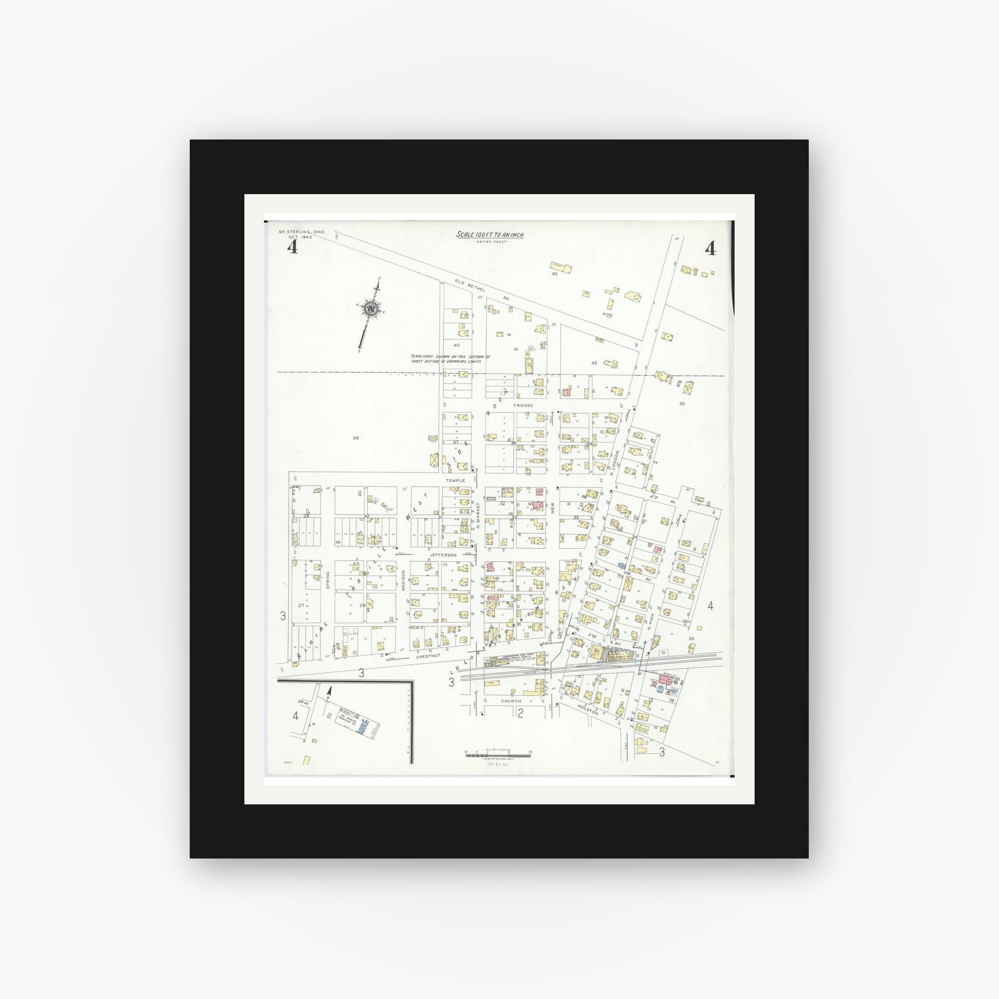 Old map wall art mockup — black gallery frame with white mat — Sanborn Fire Insurance Map from Mount Sterling, Madison County, Ohio (1940), Sheet #0004