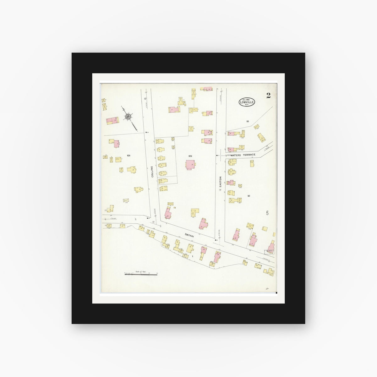 Old map wall art mockup — black gallery frame with white mat — Sanborn Fire Insurance Map from Lowville, Lewis County, New York (1909), Sheet #0002