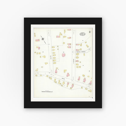Old map wall art mockup — black gallery frame with white mat — Sanborn Fire Insurance Map from Lowville, Lewis County, New York (1909), Sheet #0002