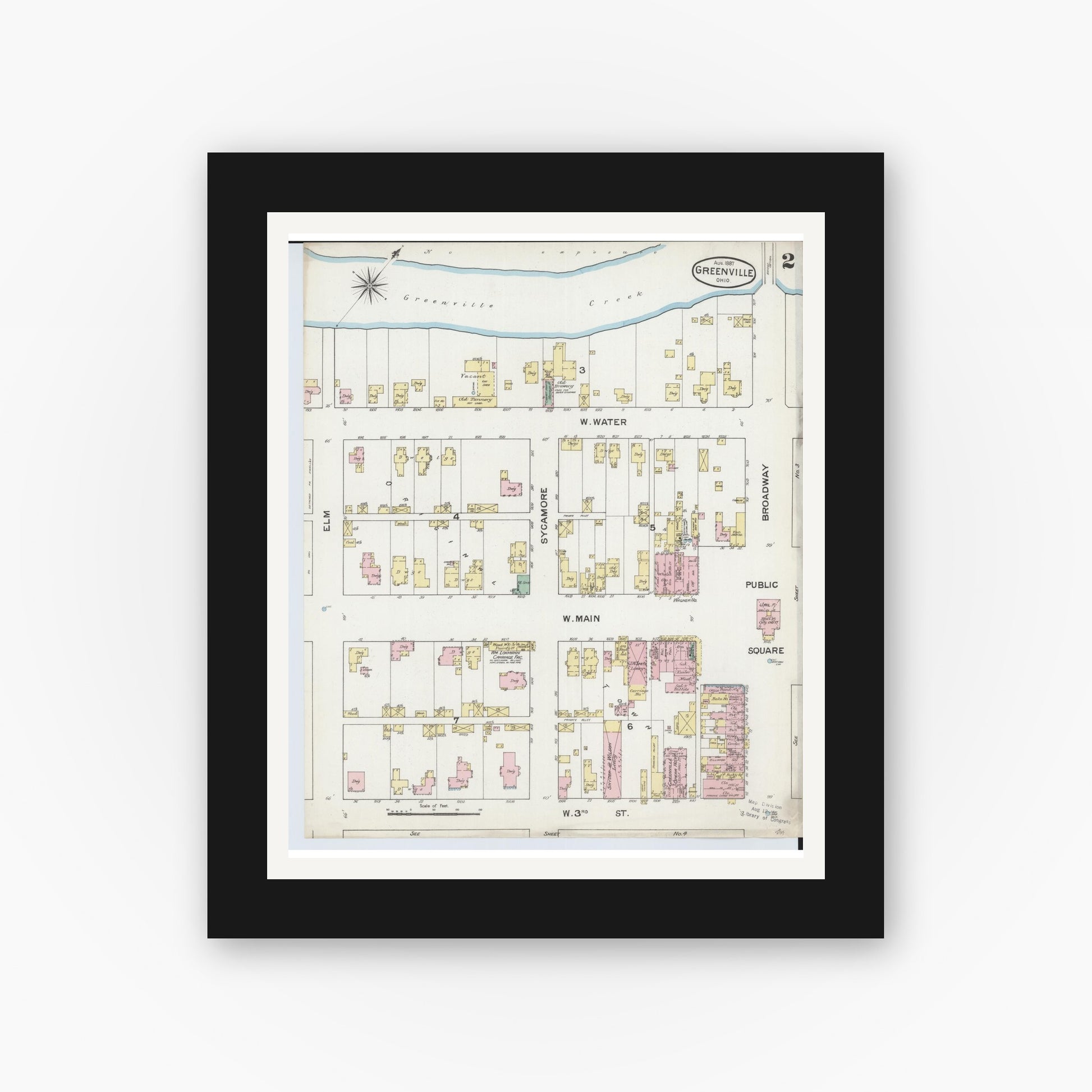 Old map wall art mockup — black gallery frame with white mat — Sanborn Fire Insurance Map from Greenville, Darke County, Ohio (1887), Sheet #0002