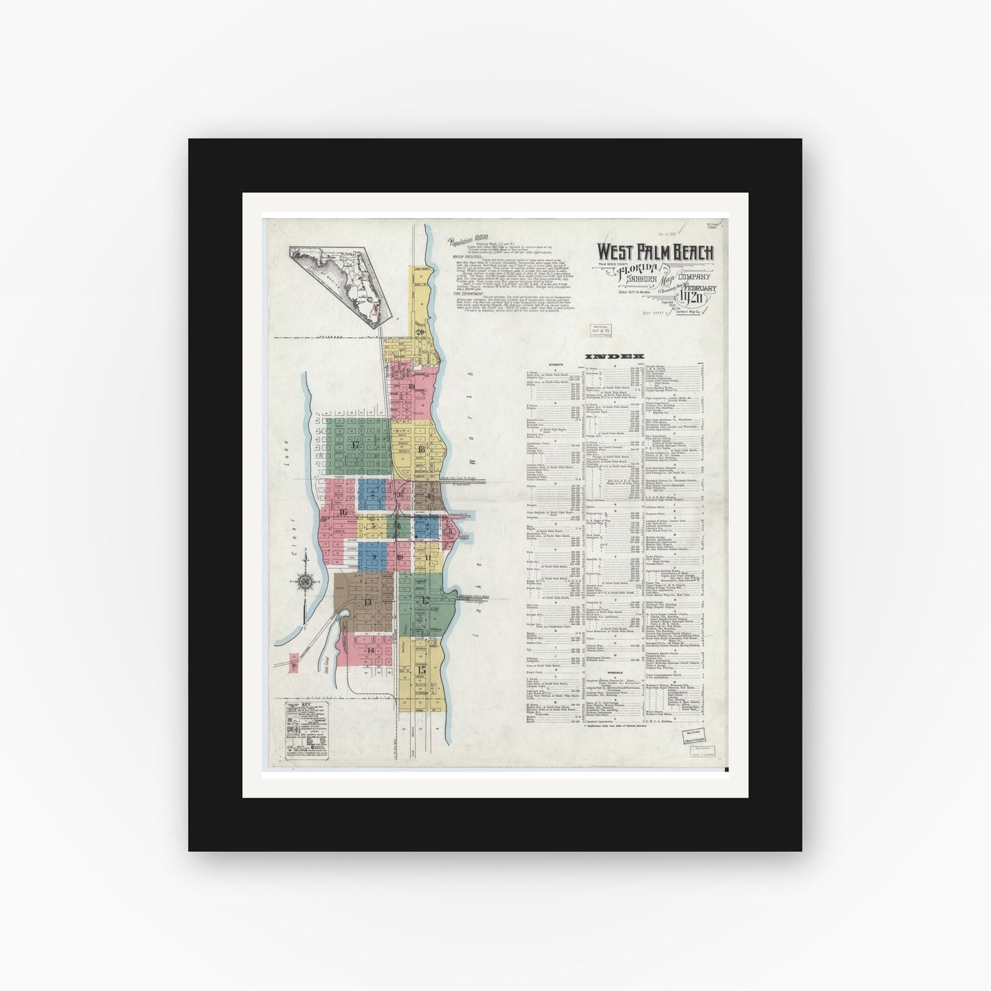 Old map wall art mockup — black gallery frame with white mat — Sanborn Fire Insurance Map from West Palm Beach, Dade County, Florida (1920) - Complete Map Set