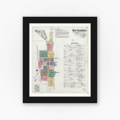 Old map wall art mockup — black gallery frame with white mat — Sanborn Fire Insurance Map from West Palm Beach, Dade County, Florida (1920) - Complete Map Set