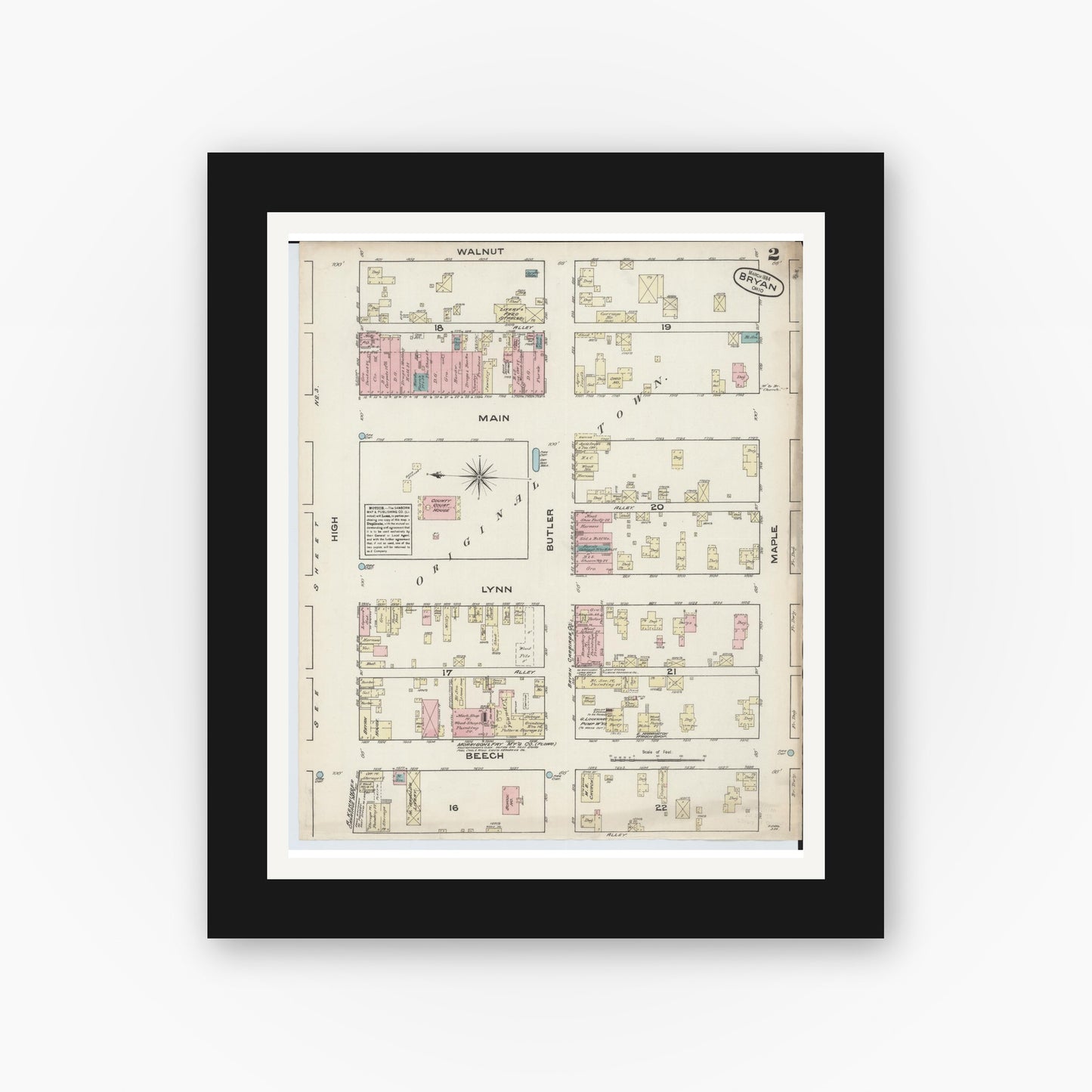 Old map wall art mockup — black gallery frame with white mat — Sanborn Fire Insurance Map from Bryan, Williams County, Ohio (1884), Sheet #0002