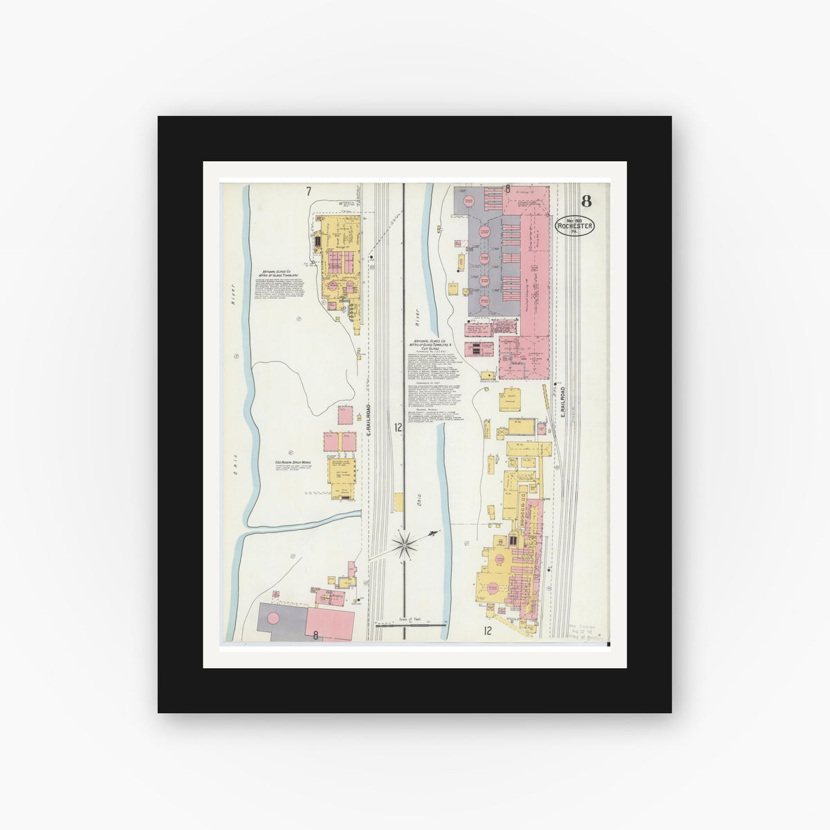 Old map wall art mockup — black gallery frame with white mat — Sanborn Fire Insurance Map from Rochester, Beaver County, Pennsylvania (1903), Sheet #0008