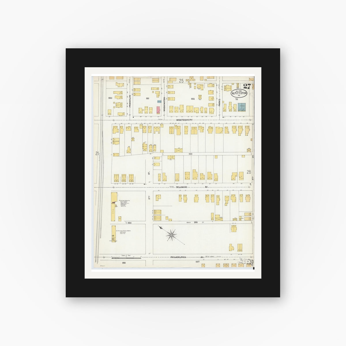 Old map wall art mockup — black gallery frame with white mat — Sanborn Fire Insurance Map from Pittston, Luzerne County, Pennsylvania (1903), Sheet #0027