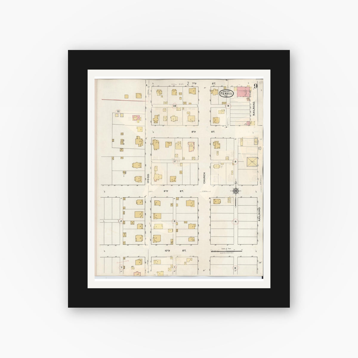 Old map wall art mockup — black gallery frame with white mat — Sanborn Fire Insurance Map from Ferris, Ellis County, Texas (1941), Sheet #0009