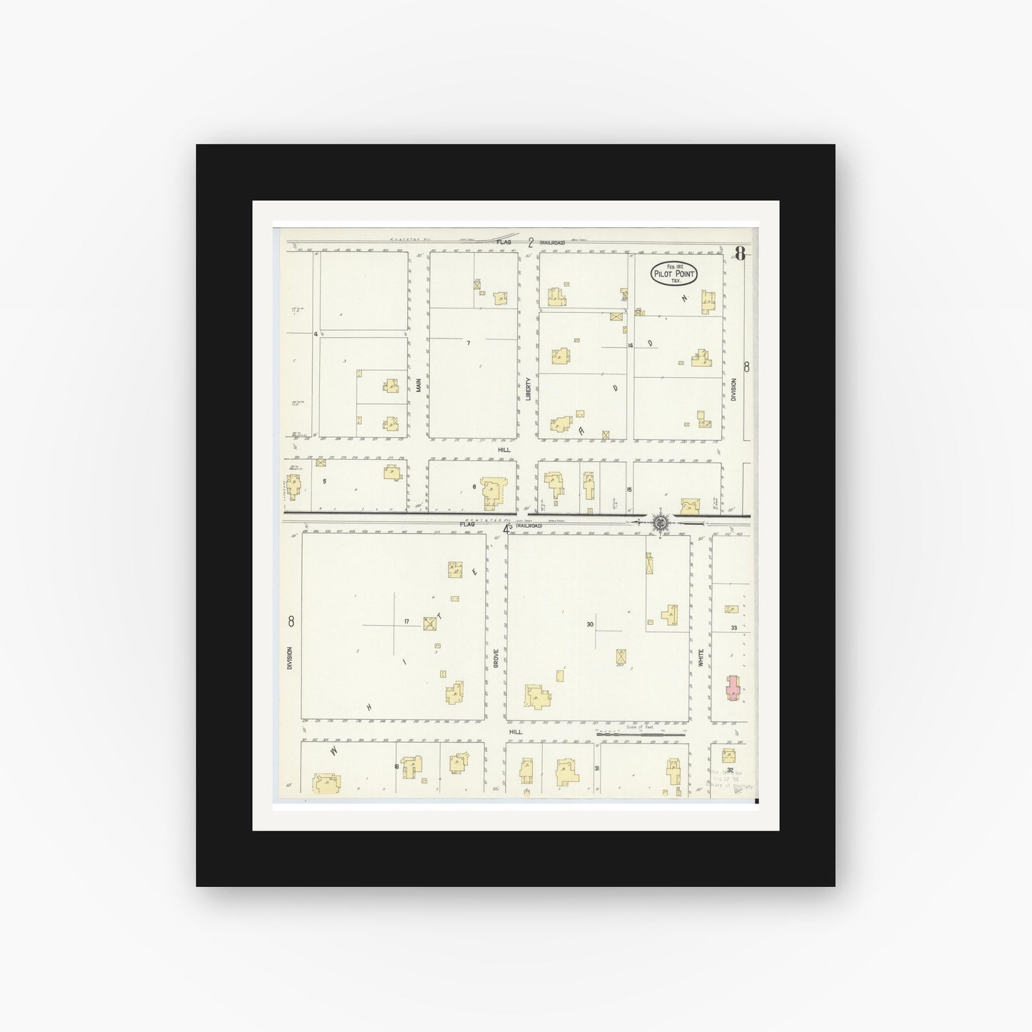 Old map wall art mockup — black gallery frame with white mat — Sanborn Fire Insurance Map from Pilot Point, Denton County, Texas (1912), Sheet #0008
