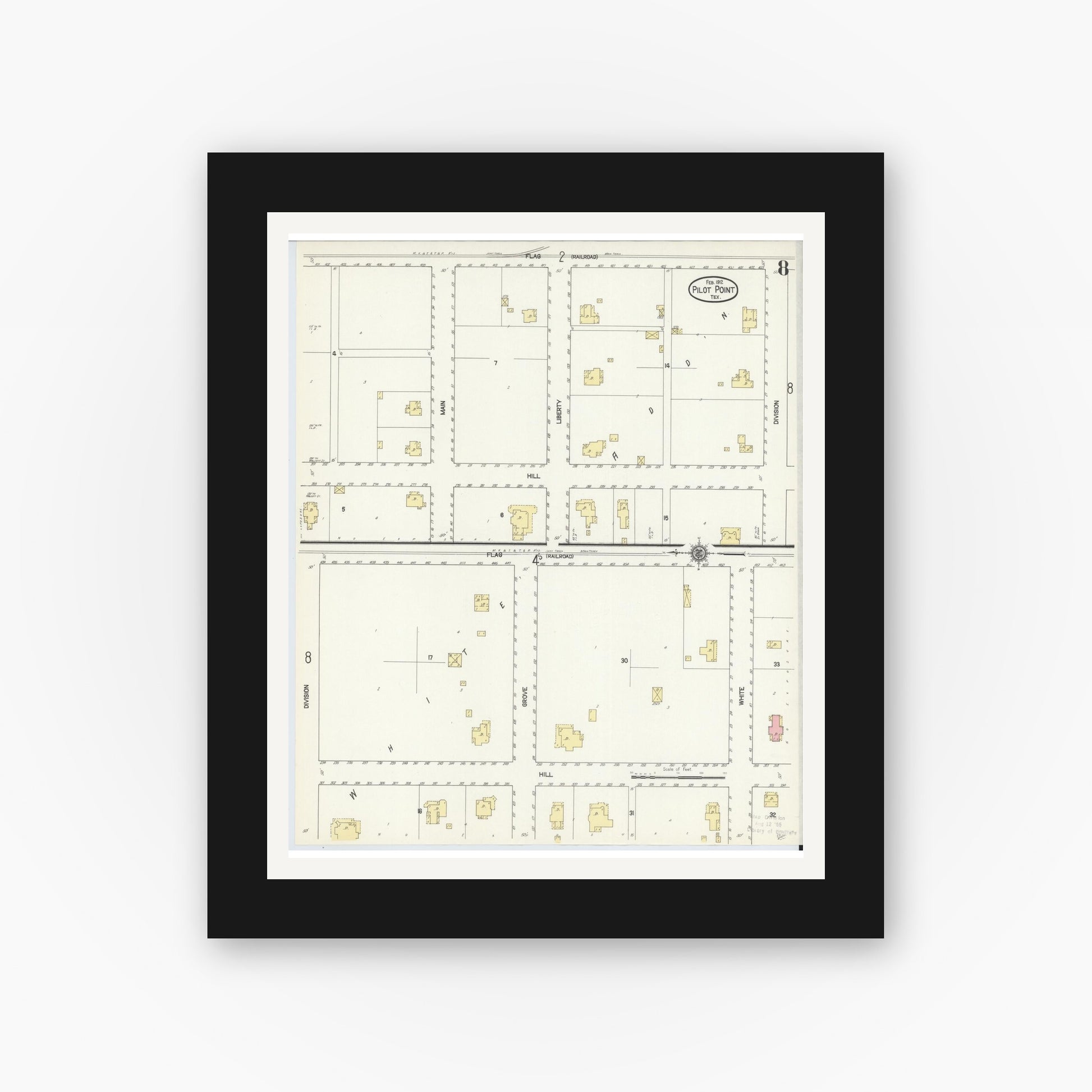 Old map wall art mockup — black gallery frame with white mat — Sanborn Fire Insurance Map from Pilot Point, Denton County, Texas (1912), Sheet #0008