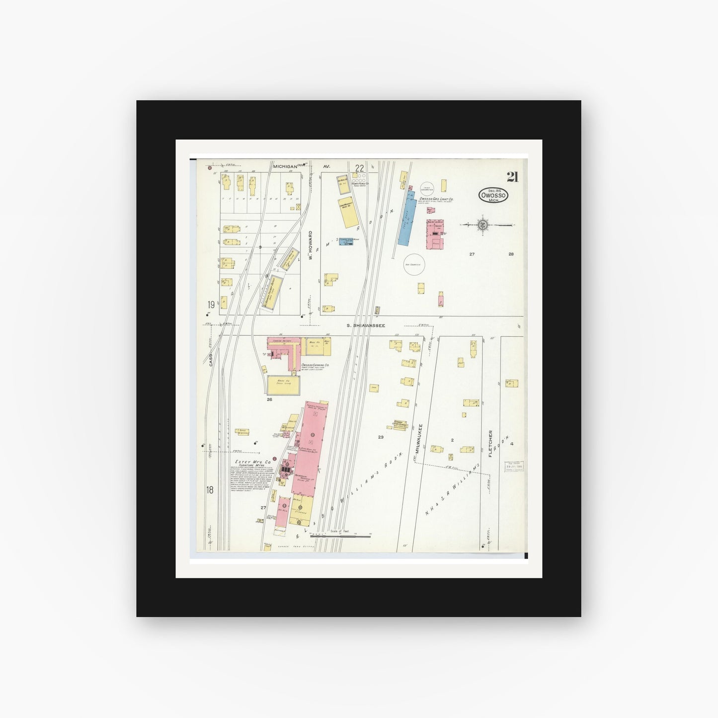 Old map wall art mockup — black gallery frame with white mat — Sanborn Fire Insurance Map from Owosso, Shiawassee County, Michigan (1915), Sheet #0021