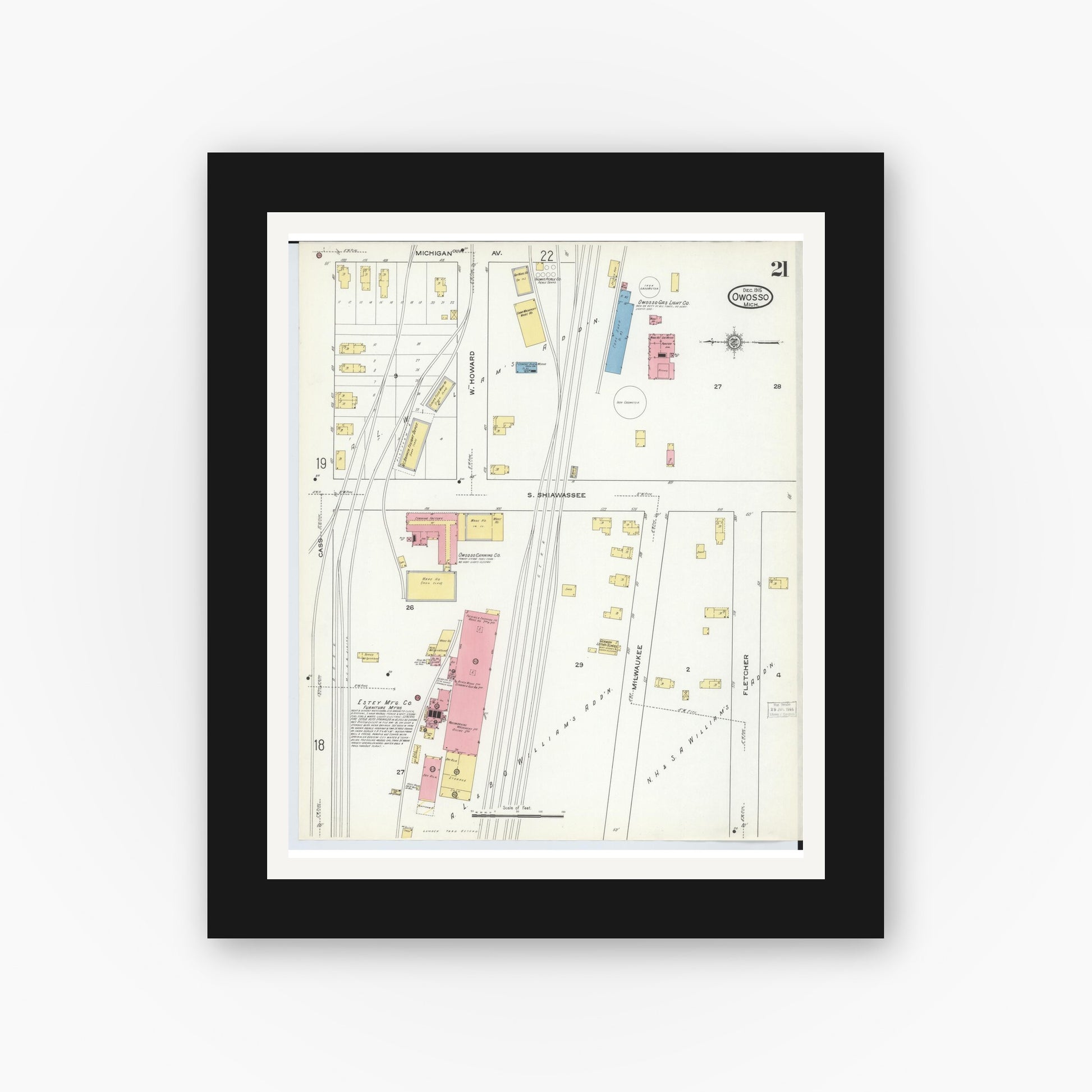 Old map wall art mockup — black gallery frame with white mat — Sanborn Fire Insurance Map from Owosso, Shiawassee County, Michigan (1915), Sheet #0021
