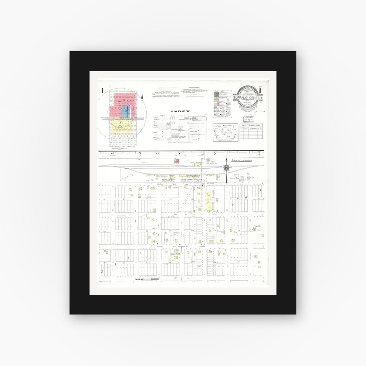 Old map wall art mockup — black gallery frame with white mat — Sanborn Fire Insurance Map from Buffalo Center, Winnebago County, Iowa (1942) â€” Complete Set