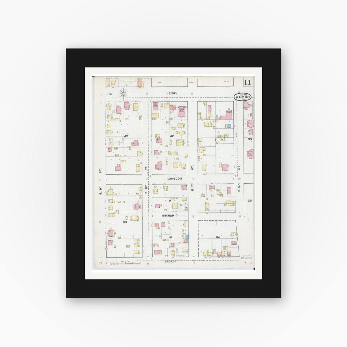 Old map wall art mockup — black gallery frame with white mat — Sanborn Fire Insurance Map from Alton, Madison County, Illinois (1892), Sheet #0011