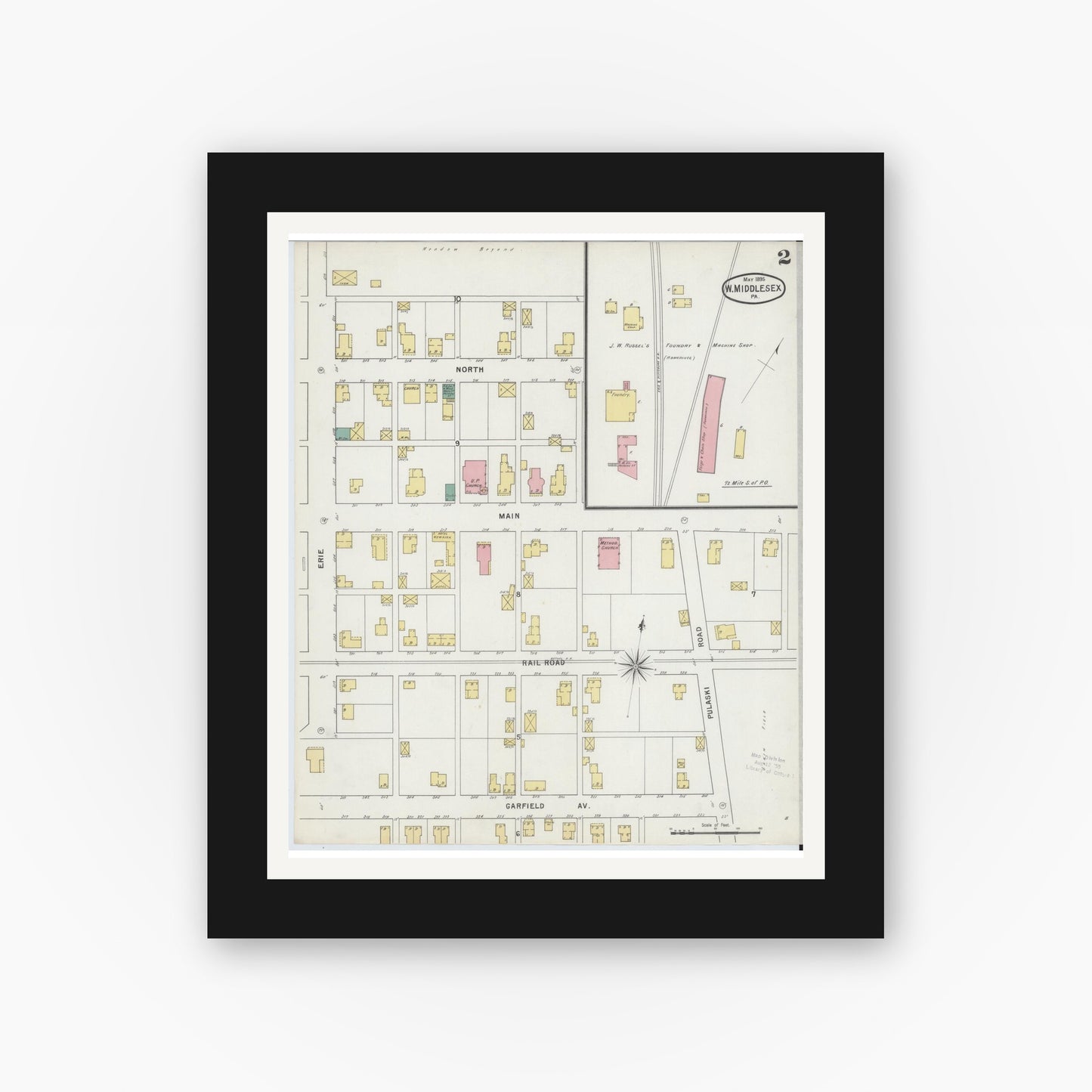 Old map wall art mockup — black gallery frame with white mat — Sanborn Fire Insurance Map from West Middlesex, Mercer County, Pennsylvania (1895), Sheet #0002