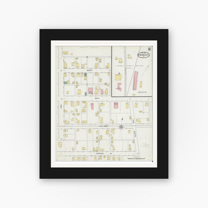 Old map wall art mockup — black gallery frame with white mat — Sanborn Fire Insurance Map from West Middlesex, Mercer County, Pennsylvania (1895), Sheet #0002