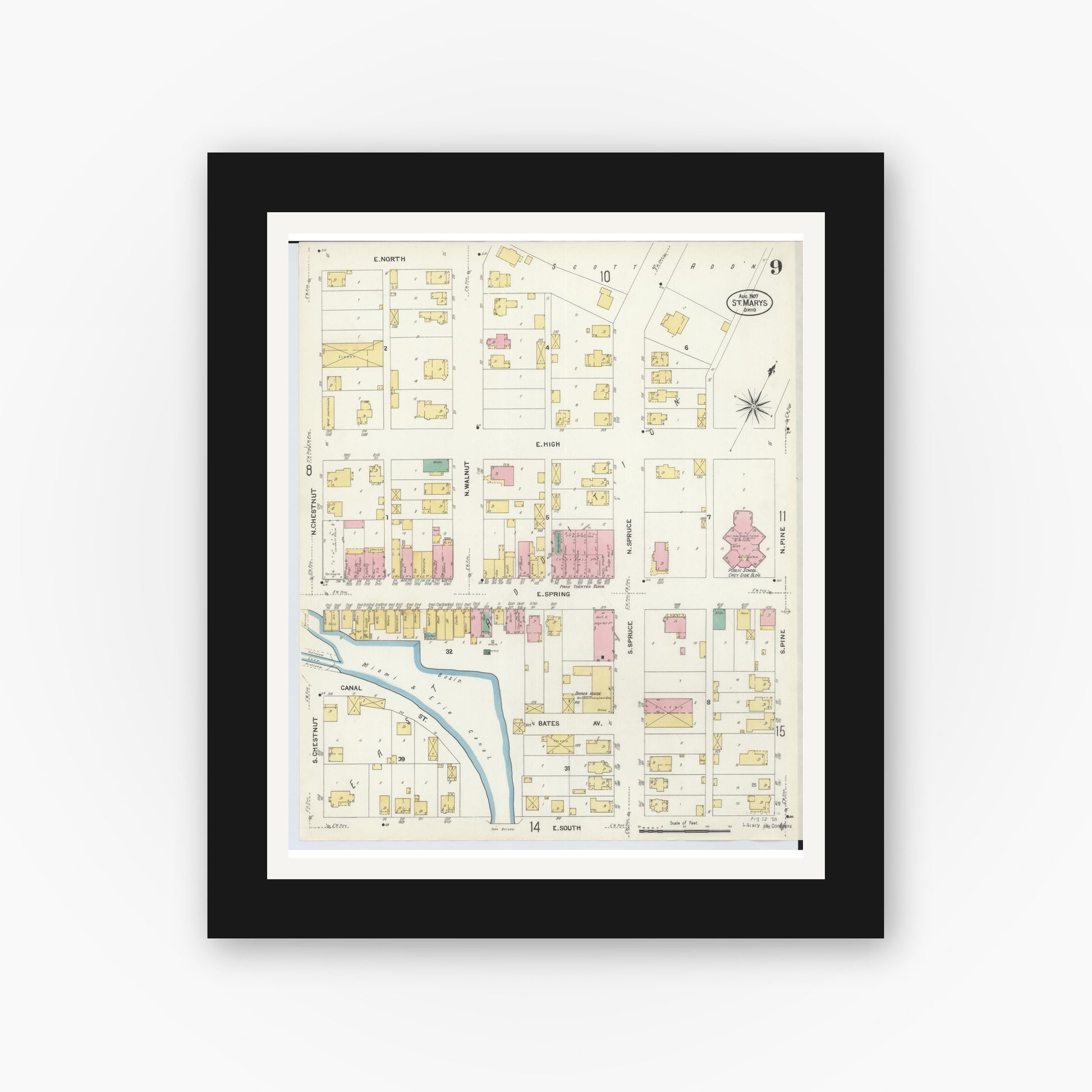 Old map wall art mockup — black gallery frame with white mat — Sanborn Fire Insurance Map from Saint Marys, Auglaize County, Ohio (1907), Sheet #0009