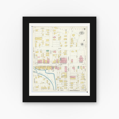 Old map wall art mockup — black gallery frame with white mat — Sanborn Fire Insurance Map from Saint Marys, Auglaize County, Ohio (1907), Sheet #0009
