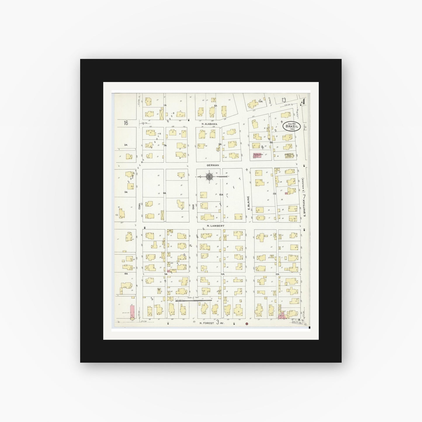 Old map wall art mockup — black gallery frame with white mat — Sanborn Fire Insurance Map from Brazil, Clay County, Indiana (1910), Sheet #0004