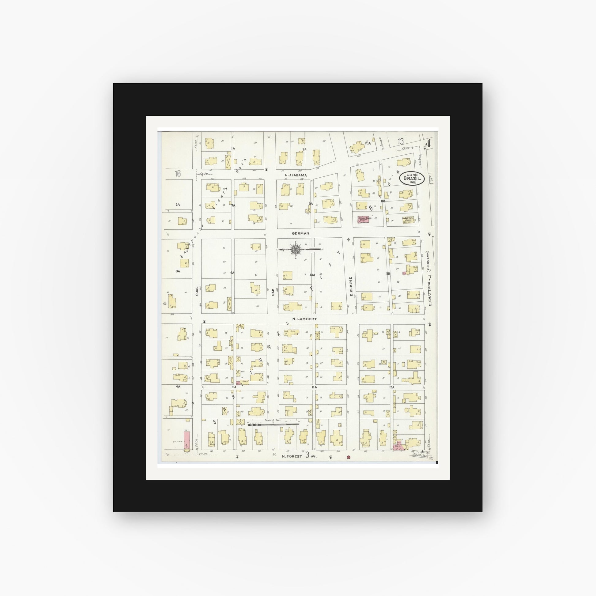Old map wall art mockup — black gallery frame with white mat — Sanborn Fire Insurance Map from Brazil, Clay County, Indiana (1910), Sheet #0004