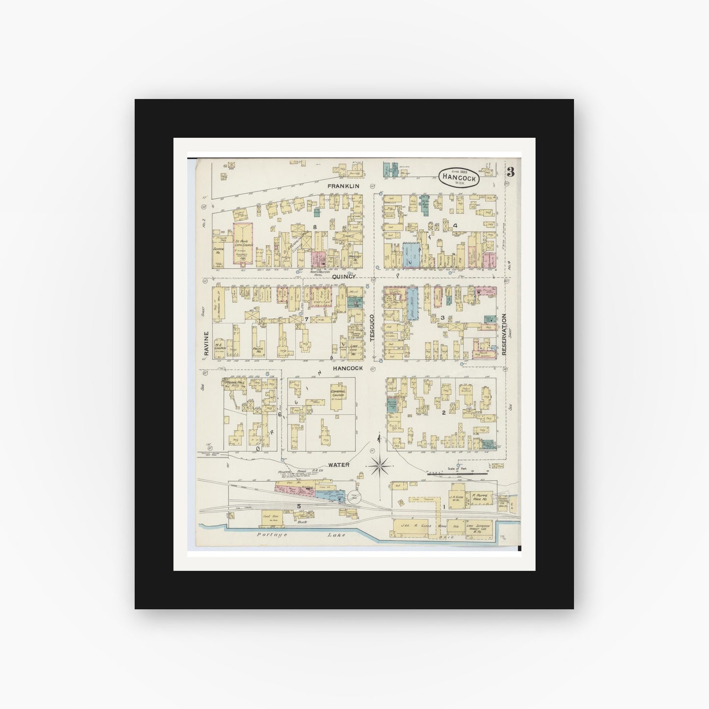 Old map wall art mockup — black gallery frame with white mat — Sanborn Fire Insurance Map from Houghton, Houghton County, Michigan (1888), Sheet #0003