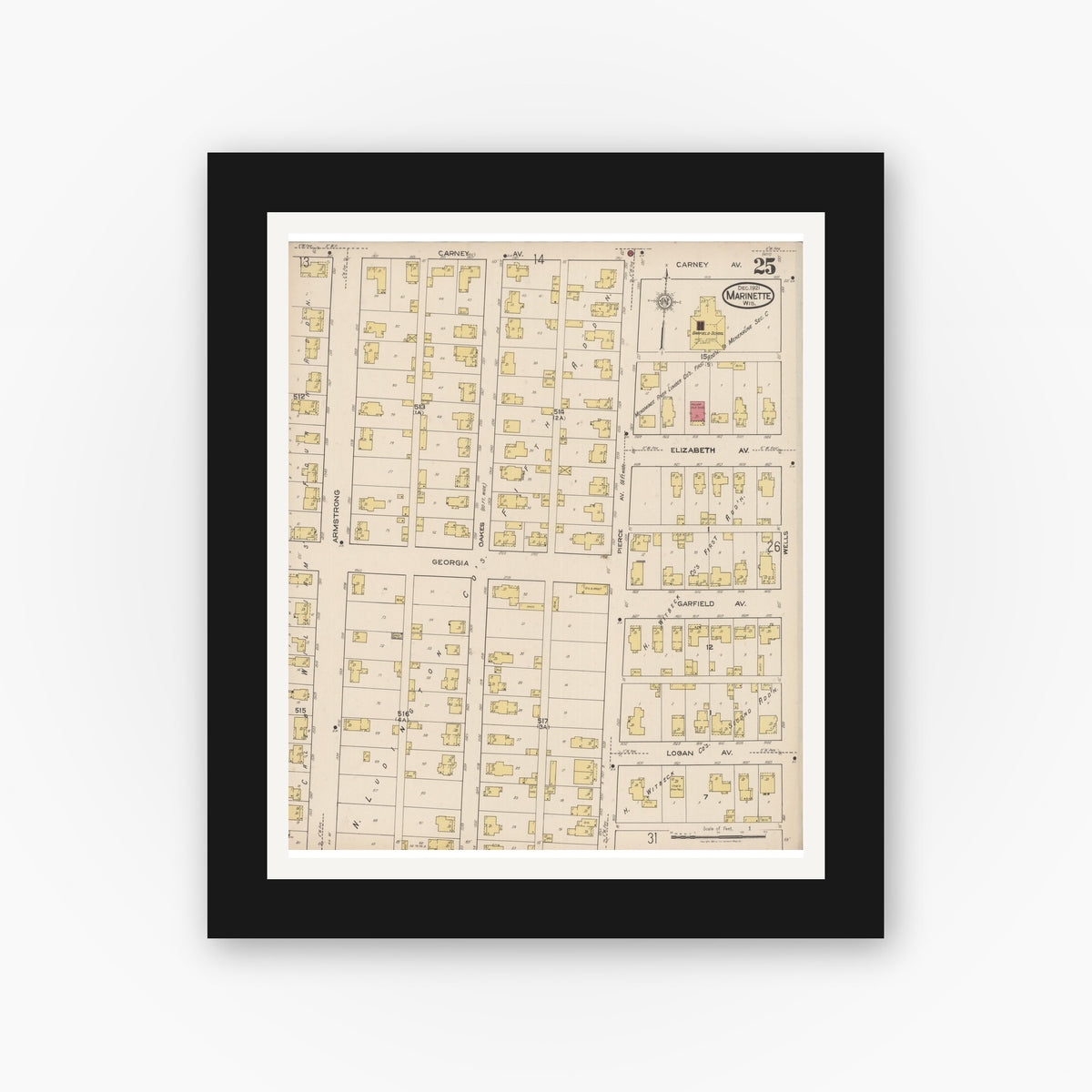Old map wall art mockup — black gallery frame with white mat — Sanborn Fire Insurance Map from Marinette, Marinette County, Wisconsin (1921), Sheet #0025