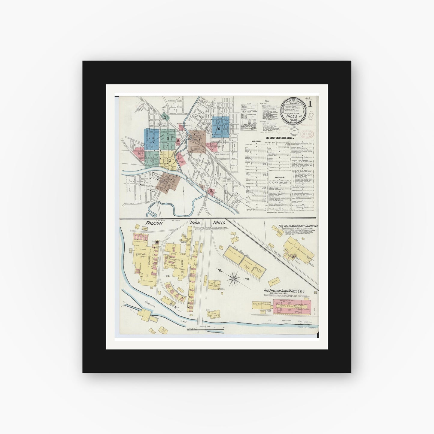 Old map wall art mockup — black gallery frame with white mat — Sanborn Fire Insurance Map from Niles, Trumbull County, Ohio (1898), Sheet #0001