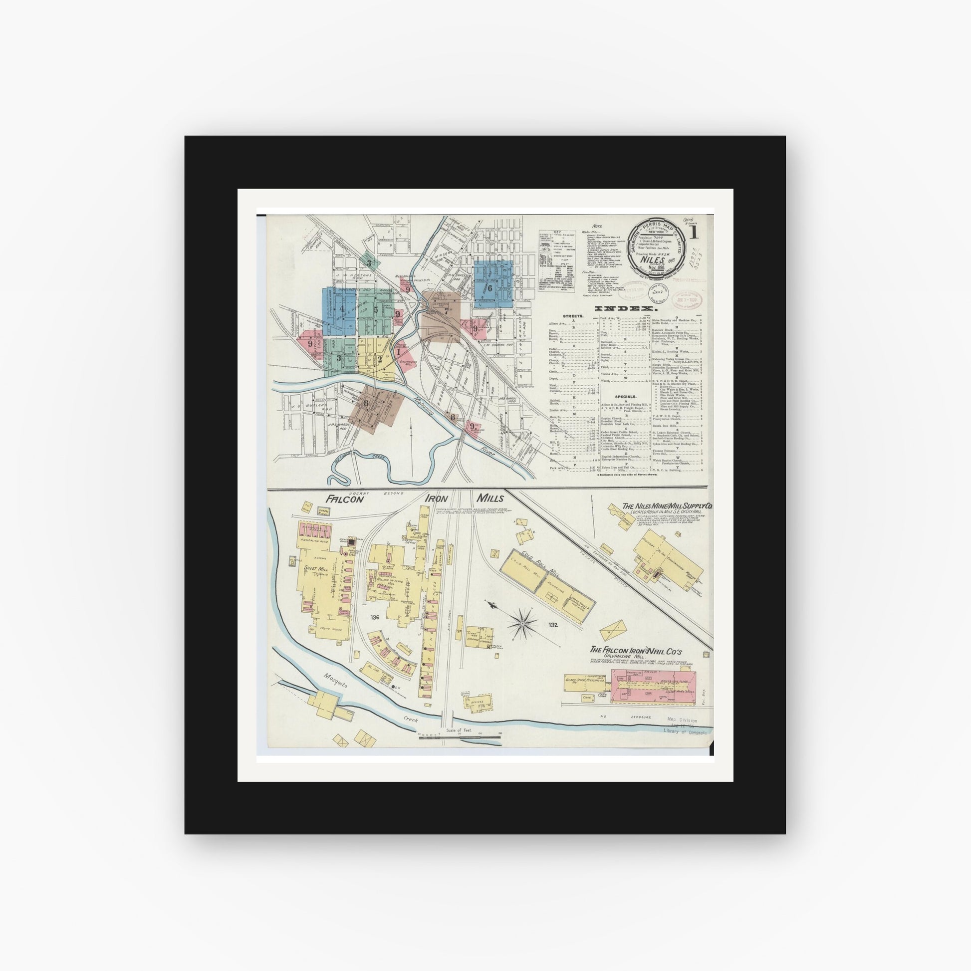 Old map wall art mockup — black gallery frame with white mat — Sanborn Fire Insurance Map from Niles, Trumbull County, Ohio (1898), Sheet #0001