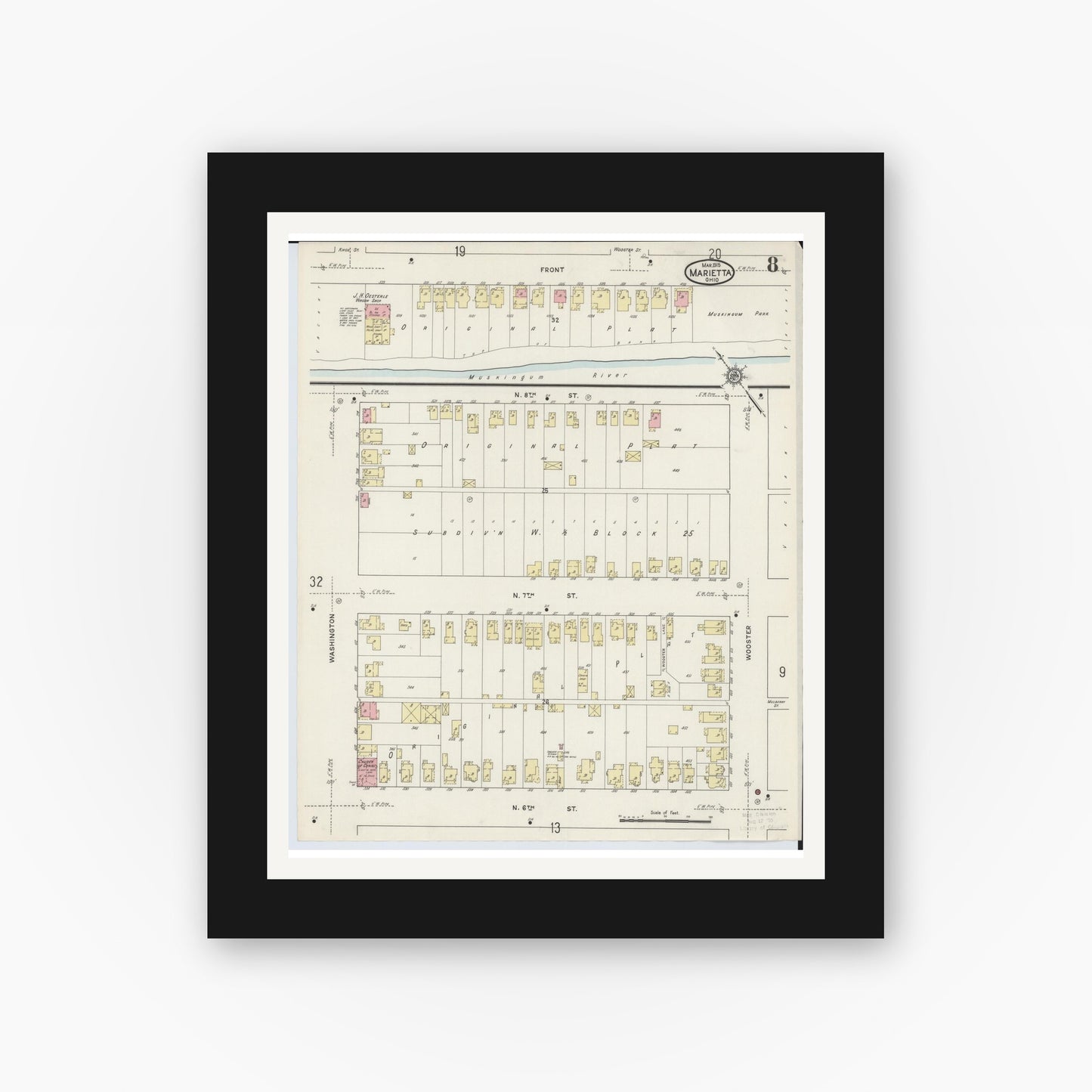 Old map wall art mockup — black gallery frame with white mat — Sanborn Fire Insurance Map from Marietta, Washington County, Ohio (1915), Sheet #0008