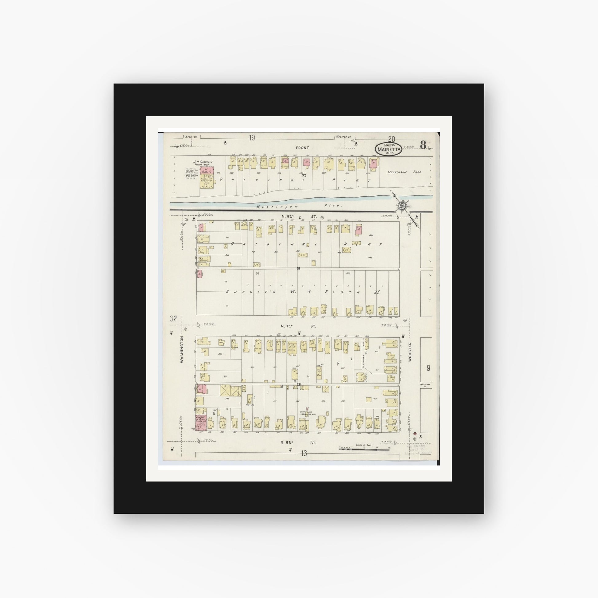 Old map wall art mockup — black gallery frame with white mat — Sanborn Fire Insurance Map from Marietta, Washington County, Ohio (1915), Sheet #0008