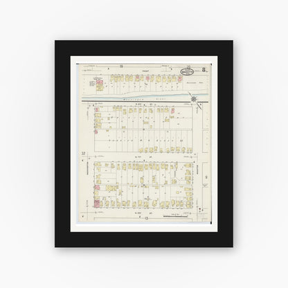 Old map wall art mockup — black gallery frame with white mat — Sanborn Fire Insurance Map from Marietta, Washington County, Ohio (1915), Sheet #0008