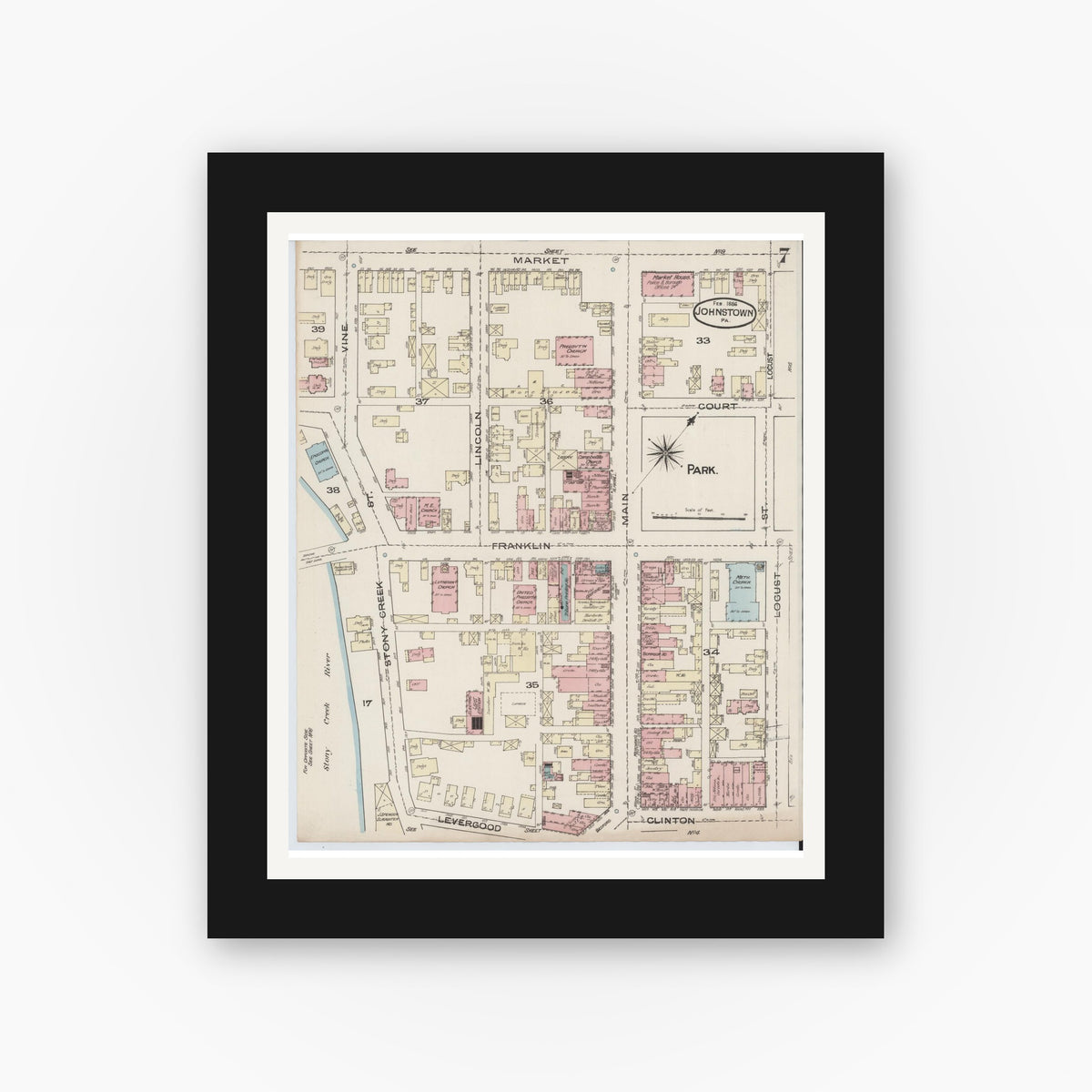 Old map wall art mockup — black gallery frame with white mat — Sanborn Fire Insurance Map from Johnstown, Cambria County, Pennsylvania (1886), Sheet #0007