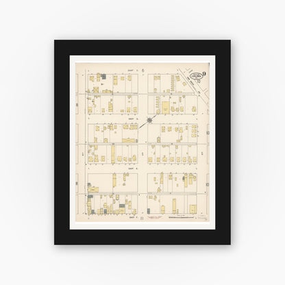 Old map wall art mockup — black gallery frame with white mat — Sanborn Fire Insurance Map from Coalinga, Fresno County, California (1910), Sheet #0009