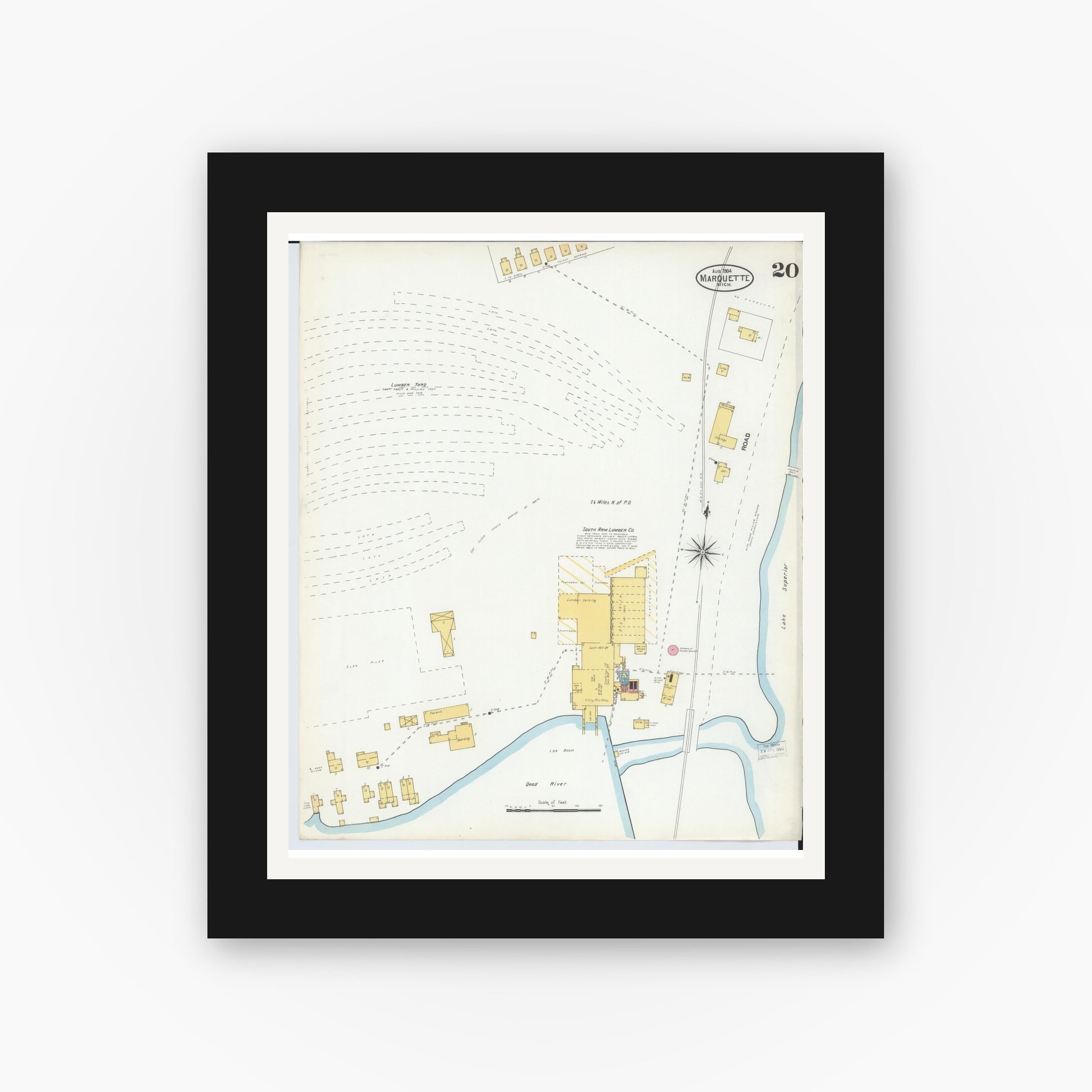 Old map wall art mockup — black gallery frame with white mat — Sanborn Fire Insurance Map from Marquette, Marquette County, Michigan (1904), Sheet #0020