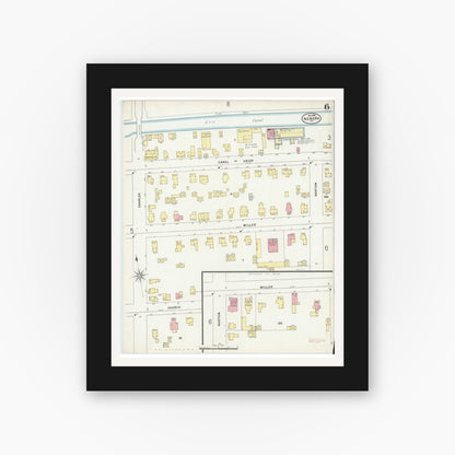 Old map wall art mockup — black gallery frame with white mat — Sanborn Fire Insurance Map from Newark, Wayne County, New York (1898), Sheet #0006