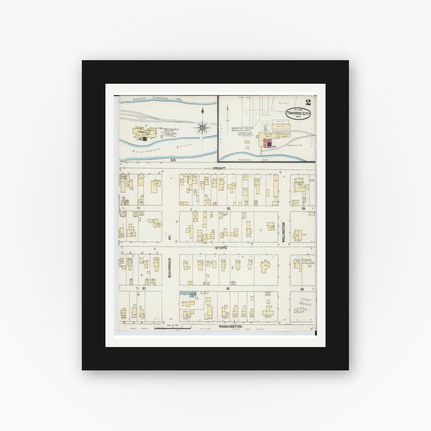 Old map wall art mockup — black gallery frame with white mat — Sanborn Fire Insurance Map from Traverse City, Grand Traverse County, Michigan (1890), Sheet #0002
