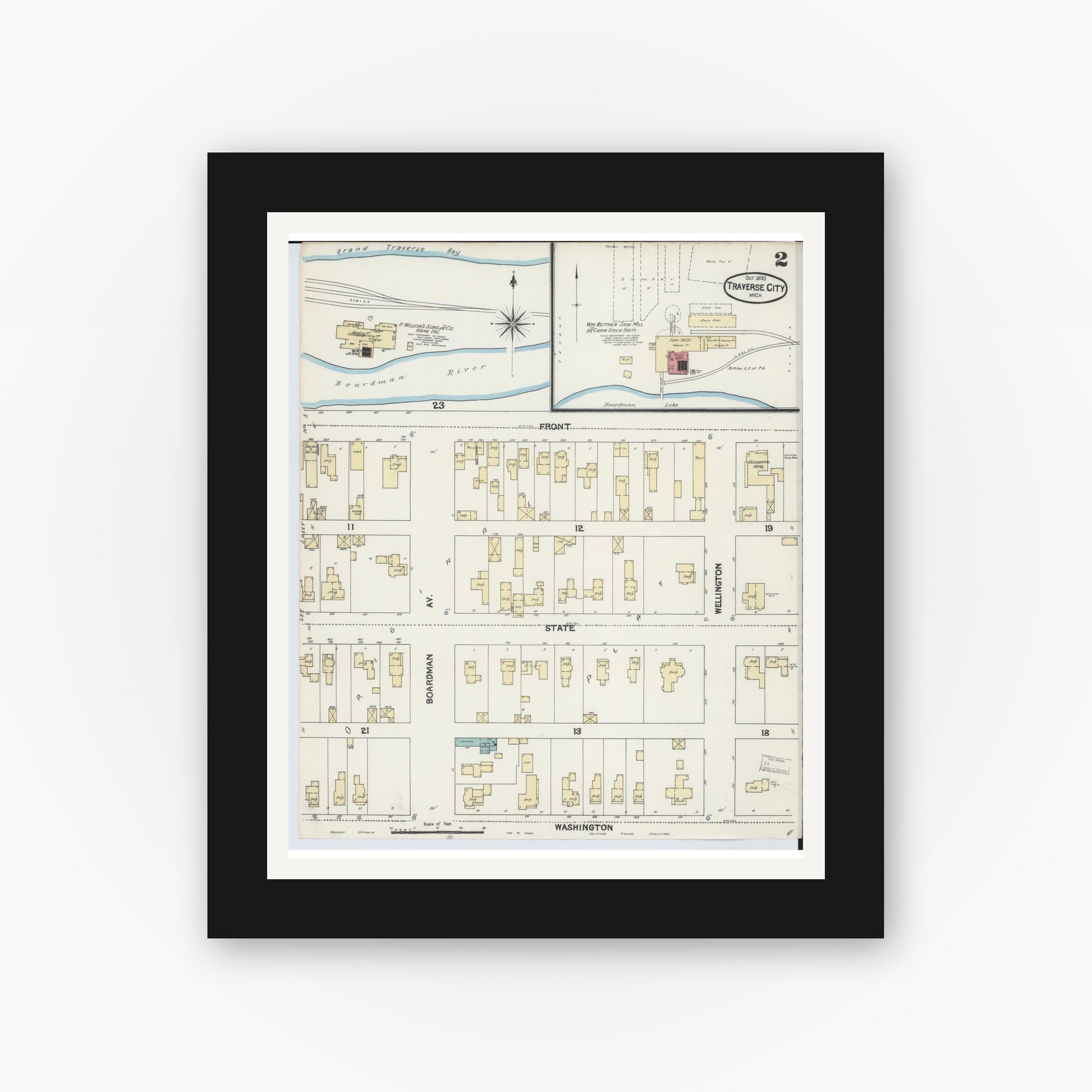 Old map wall art mockup — black gallery frame with white mat — Sanborn Fire Insurance Map from Traverse City, Grand Traverse County, Michigan (1890), Sheet #0002