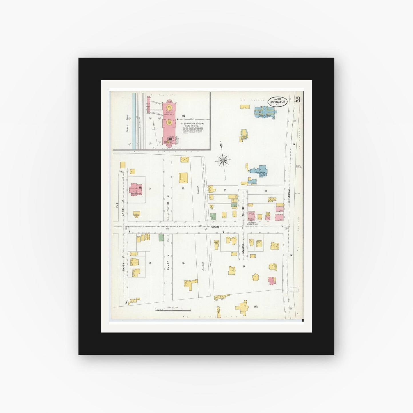 Old map wall art mockup — black gallery frame with white mat — Sanborn Fire Insurance Map from Irvington, Westchester County, New York (1900), Sheet #0003