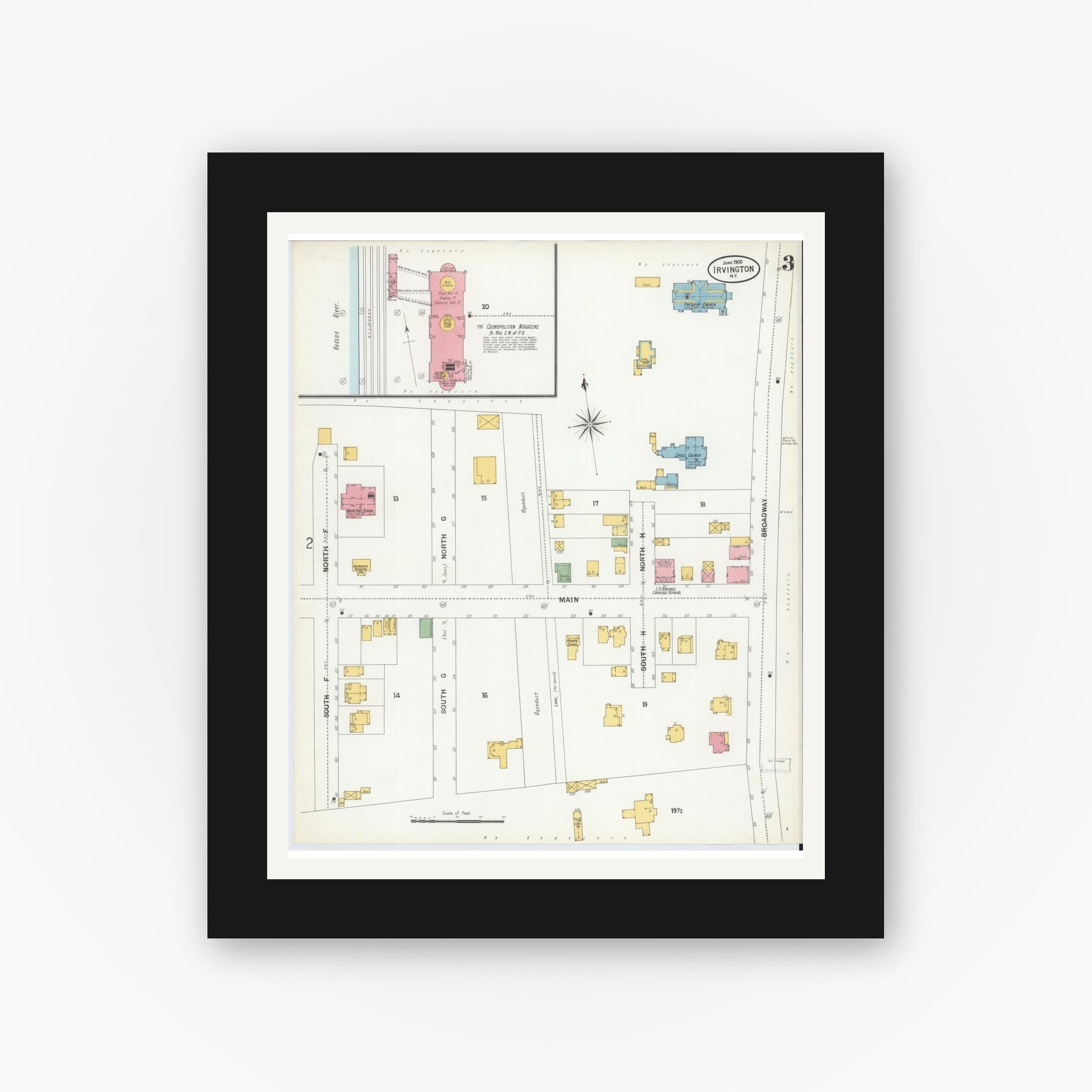 Old map wall art mockup — black gallery frame with white mat — Sanborn Fire Insurance Map from Irvington, Westchester County, New York (1900), Sheet #0003