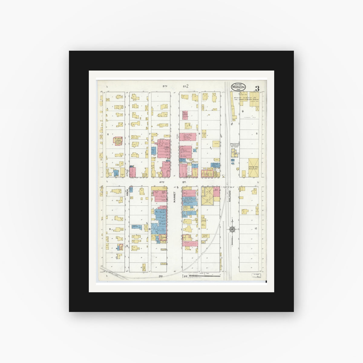 Old map wall art mockup — black gallery frame with white mat — Sanborn Fire Insurance Map from Monon, White County, Indiana (1916), Sheet #0003