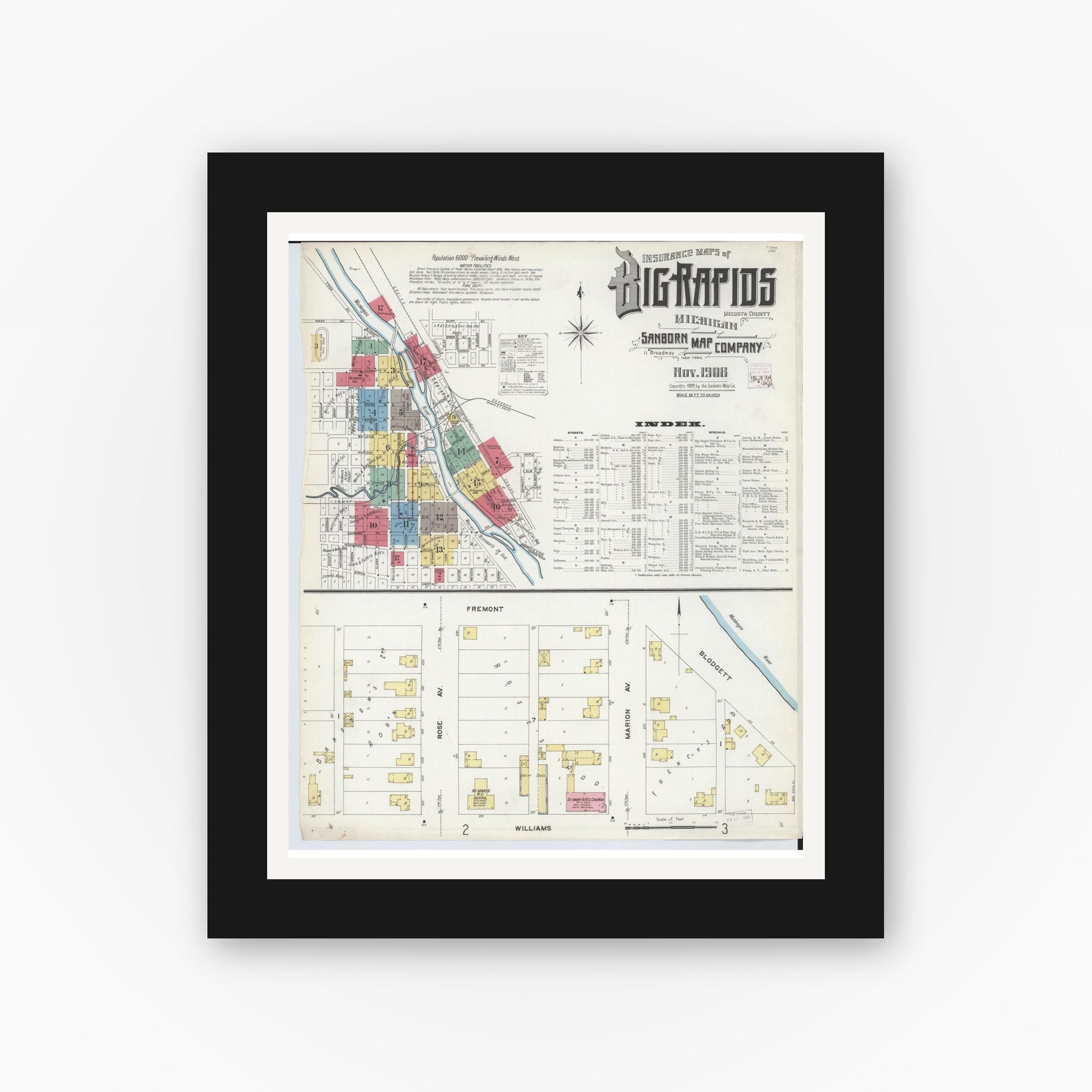 Old map wall art mockup — black gallery frame with white mat — Sanborn Fire Insurance Map from Big Rapids, Mecosta County, Michigan (1908), Sheet #0001