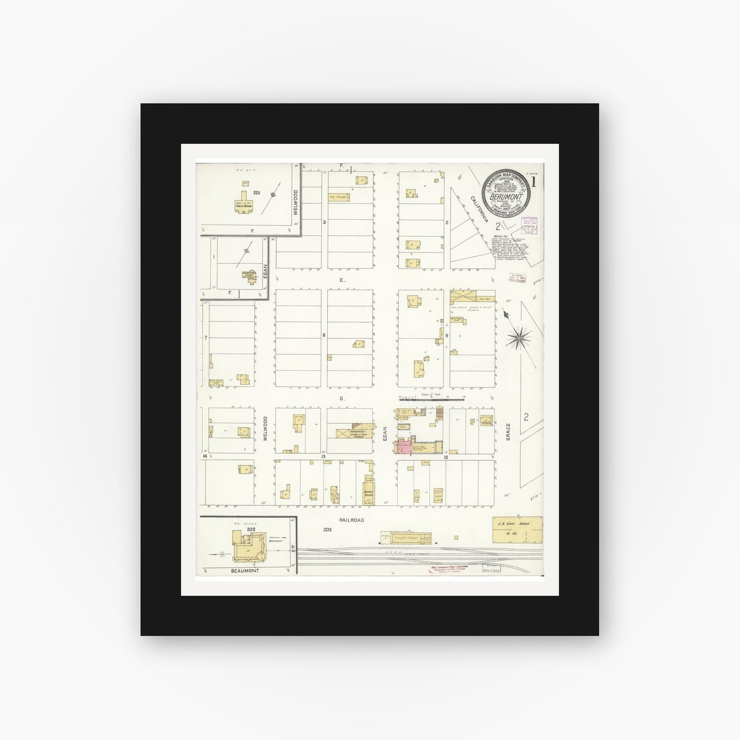 Old map wall art mockup — black gallery frame with white mat — Sanborn Fire Insurance Map from Beaumont, Riverside County, California (1907), Sheet #0001