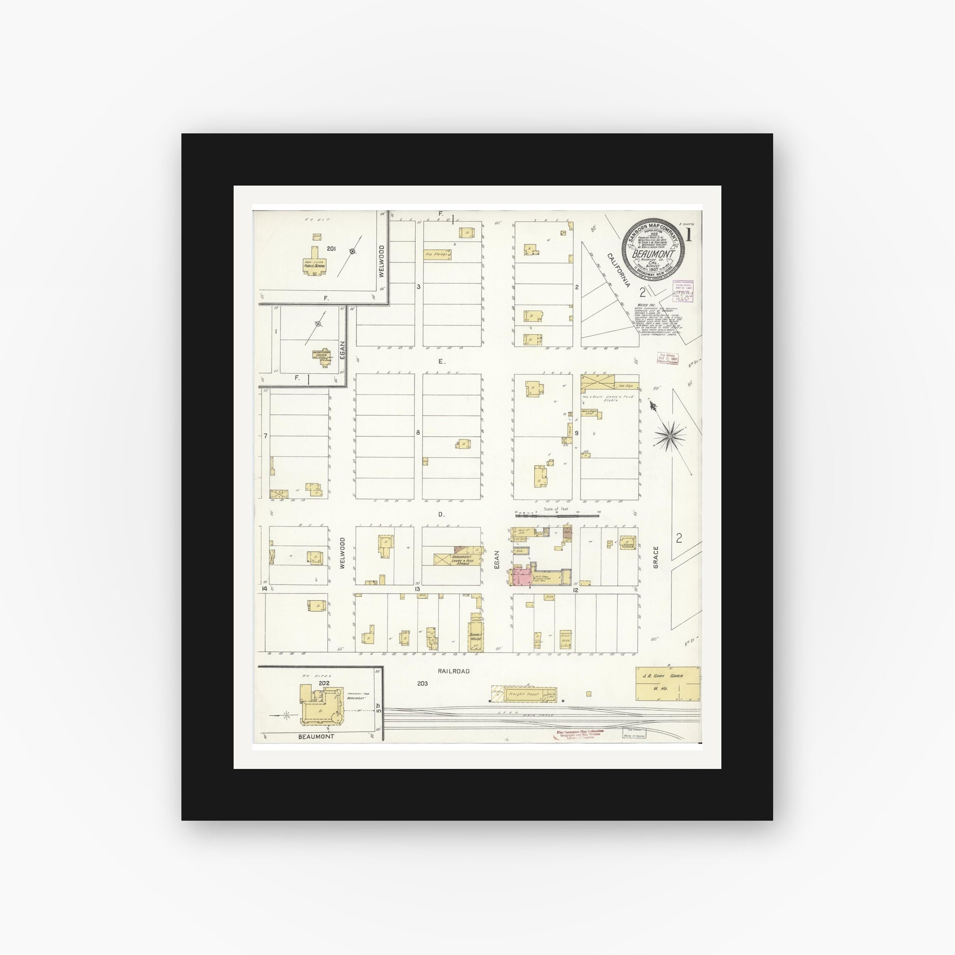Old map wall art mockup — black gallery frame with white mat — Sanborn Fire Insurance Map from Beaumont, Riverside County, California (1907), Sheet #0001