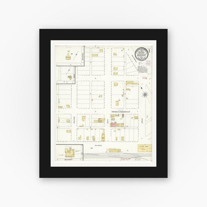 Old map wall art mockup — black gallery frame with white mat — Sanborn Fire Insurance Map from Beaumont, Riverside County, California (1907), Sheet #0001