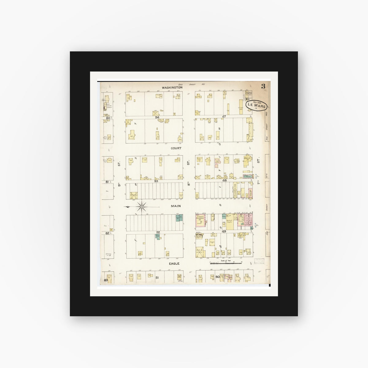Old map wall art mockup — black gallery frame with white mat — Sanborn Fire Insurance Map from Le Mars, Plymouth County, Iowa (1888), Sheet #0003