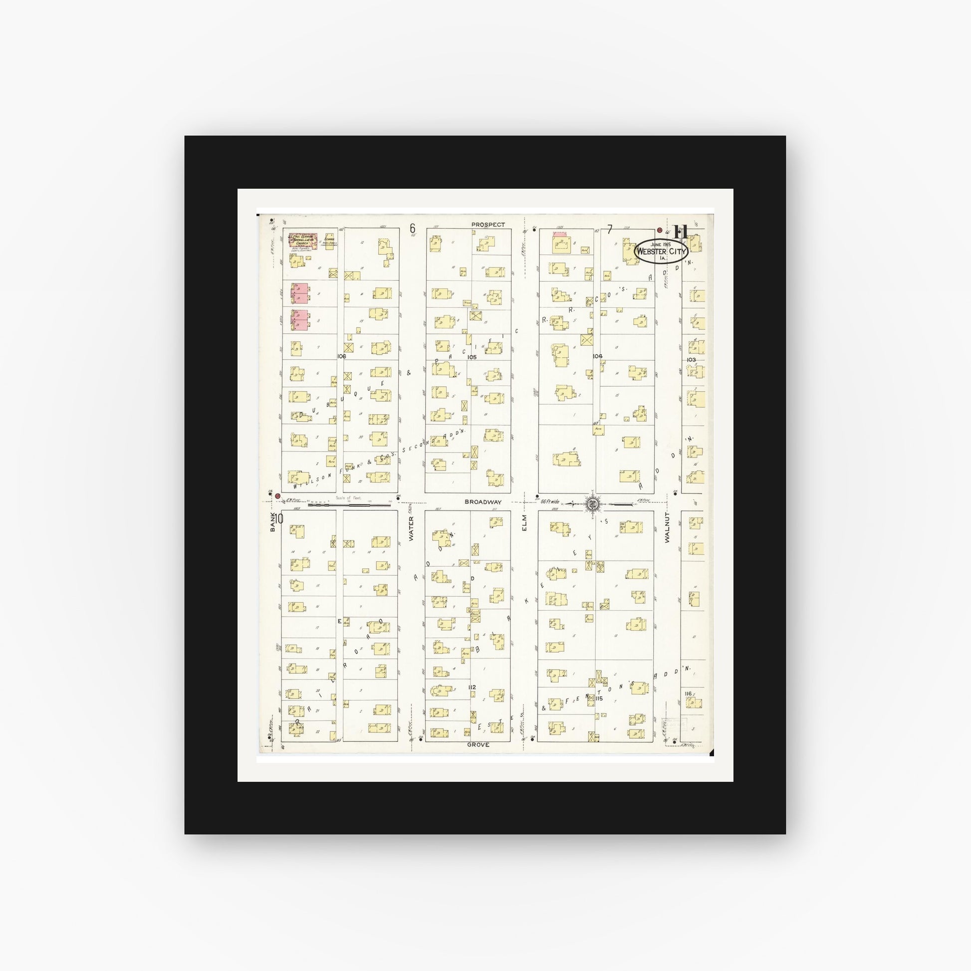 Old map wall art mockup — black gallery frame with white mat — Sanborn Fire Insurance Map from Webster City, Hamilton County, Iowa (1915), Sheet #0011