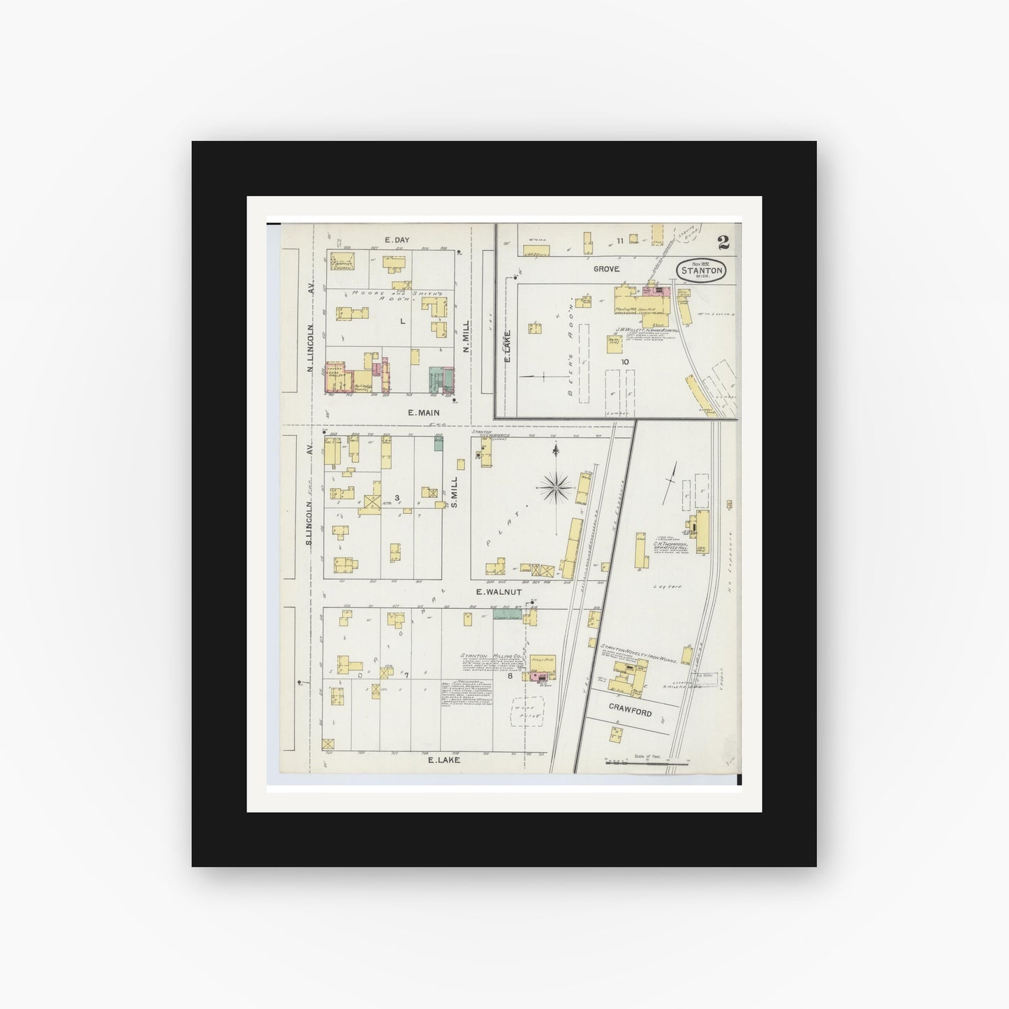 Old map wall art mockup — black gallery frame with white mat — Sanborn Fire Insurance Map from Stanton, Montcalm County, Michigan (1892), Sheet #0002