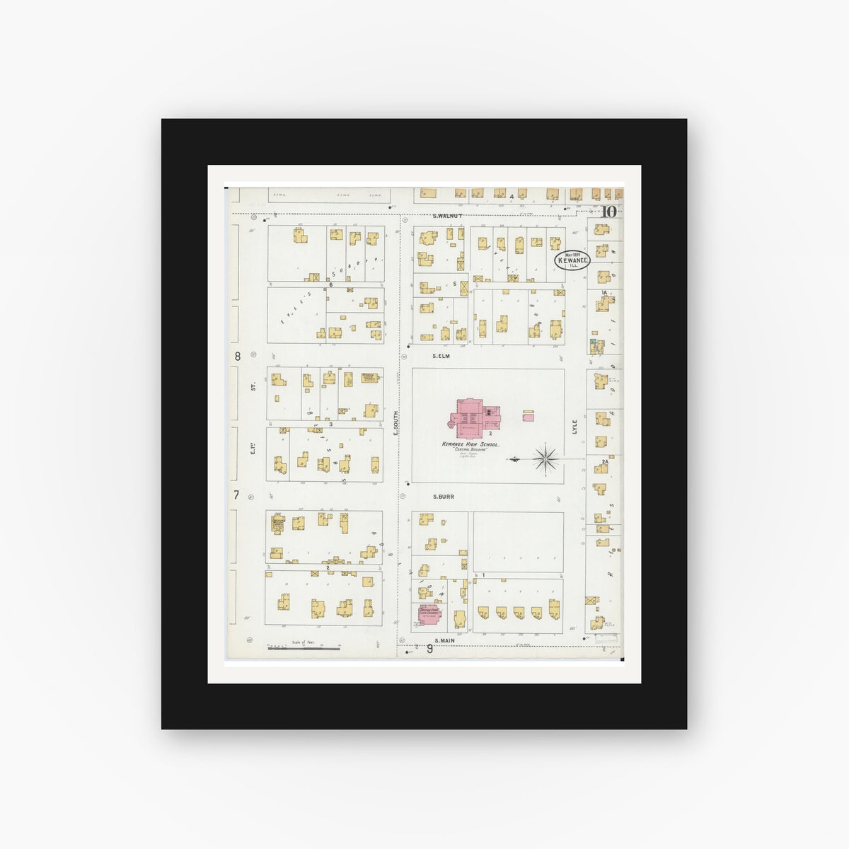 Old map wall art mockup — black gallery frame with white mat — Sanborn Fire Insurance Map from Kewanee, Henry County, Illinois (1899), Sheet #0010