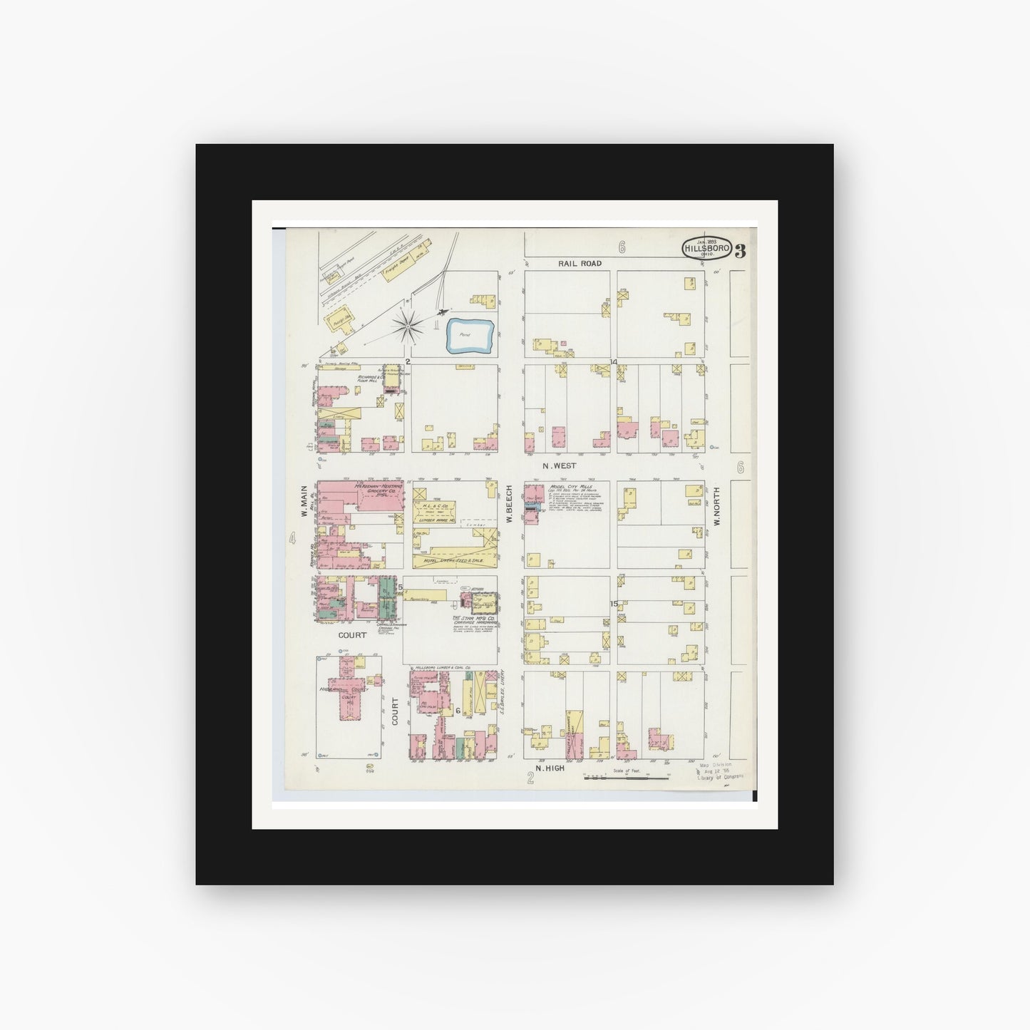 Old map wall art mockup — black gallery frame with white mat — Sanborn Fire Insurance Map from Hillsboro, Highland County, Ohio (1893), Sheet #0003