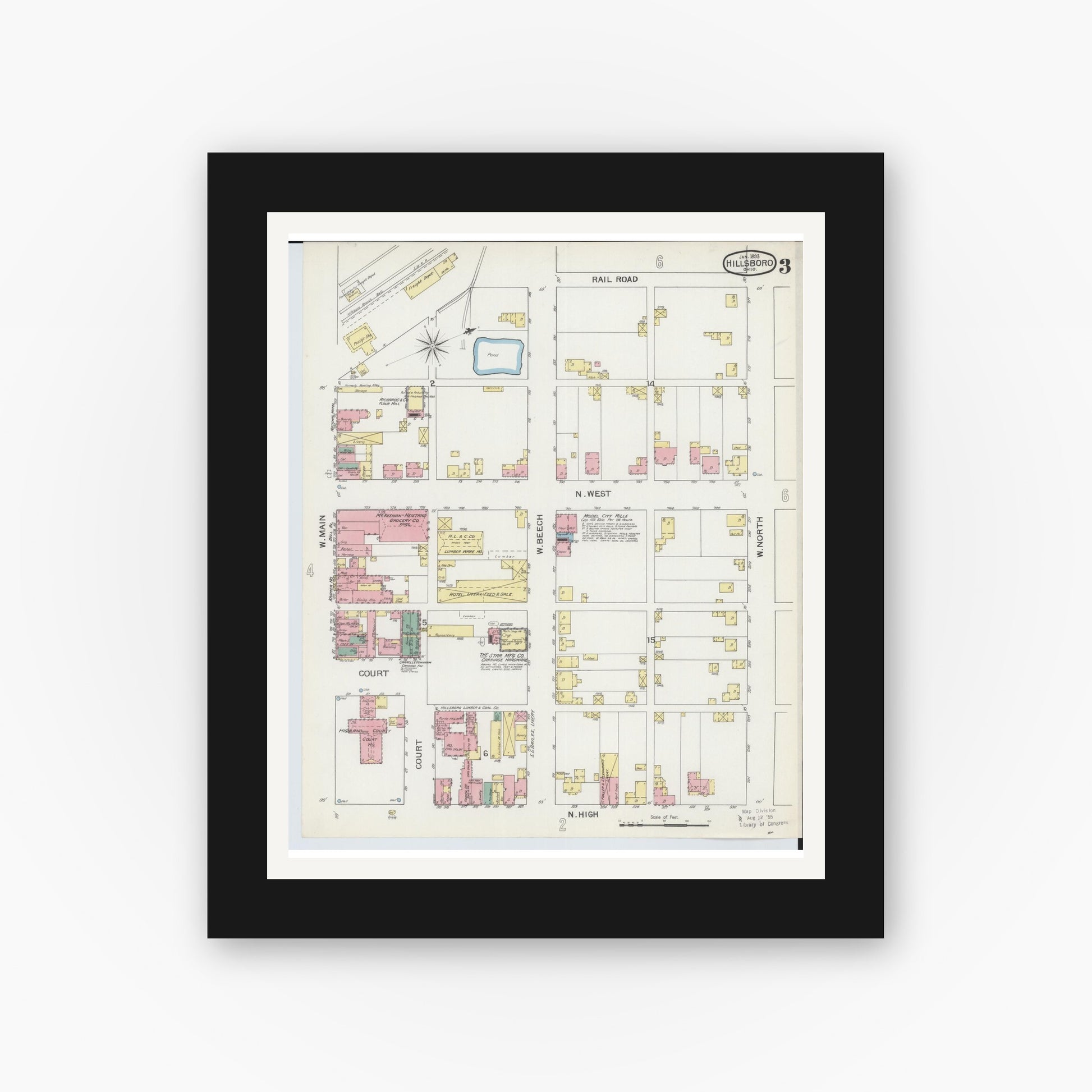 Old map wall art mockup — black gallery frame with white mat — Sanborn Fire Insurance Map from Hillsboro, Highland County, Ohio (1893), Sheet #0003