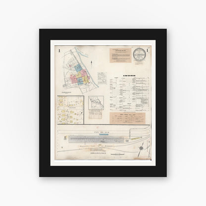 Old map wall art mockup — black gallery frame with white mat — Sanborn Fire Insurance Map from Sainte Genevieve, Saint Genevieve County, Missouri (1945), Sheet #0001